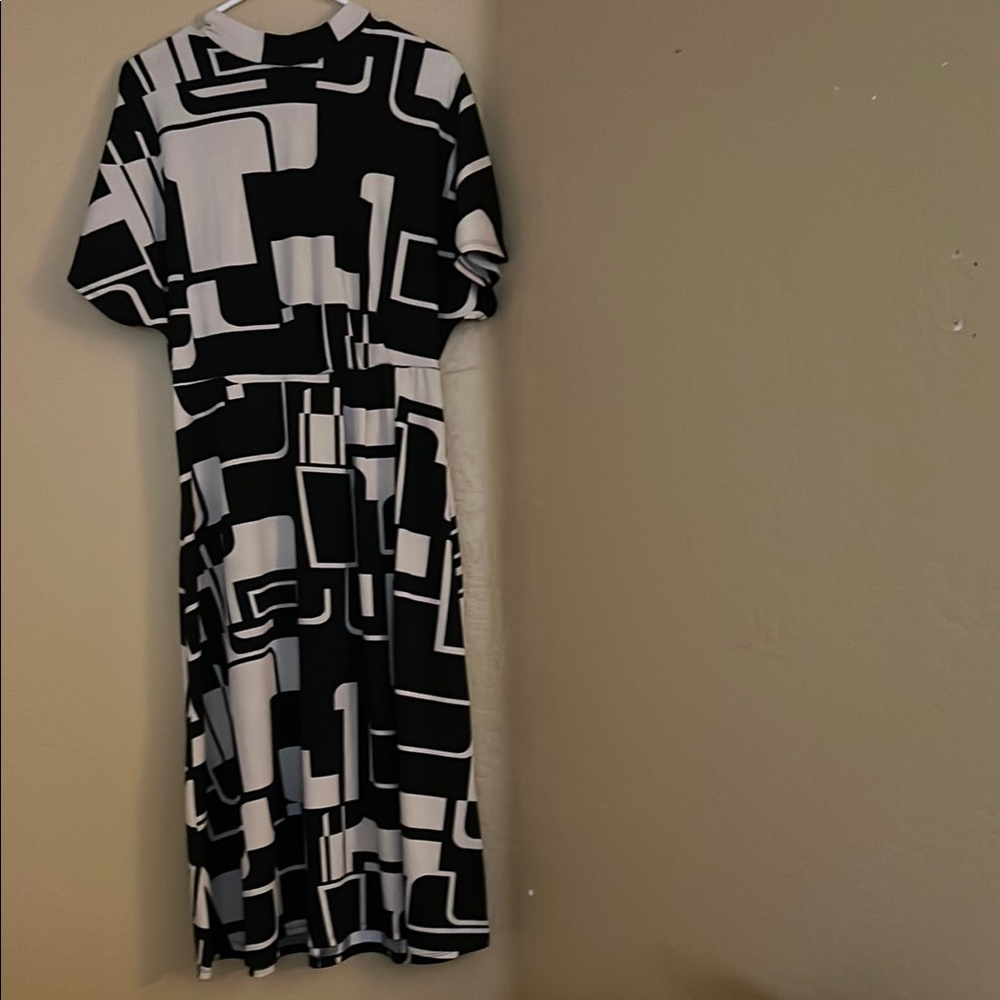 Black and White A-Line Midi Dress with Mock Neck